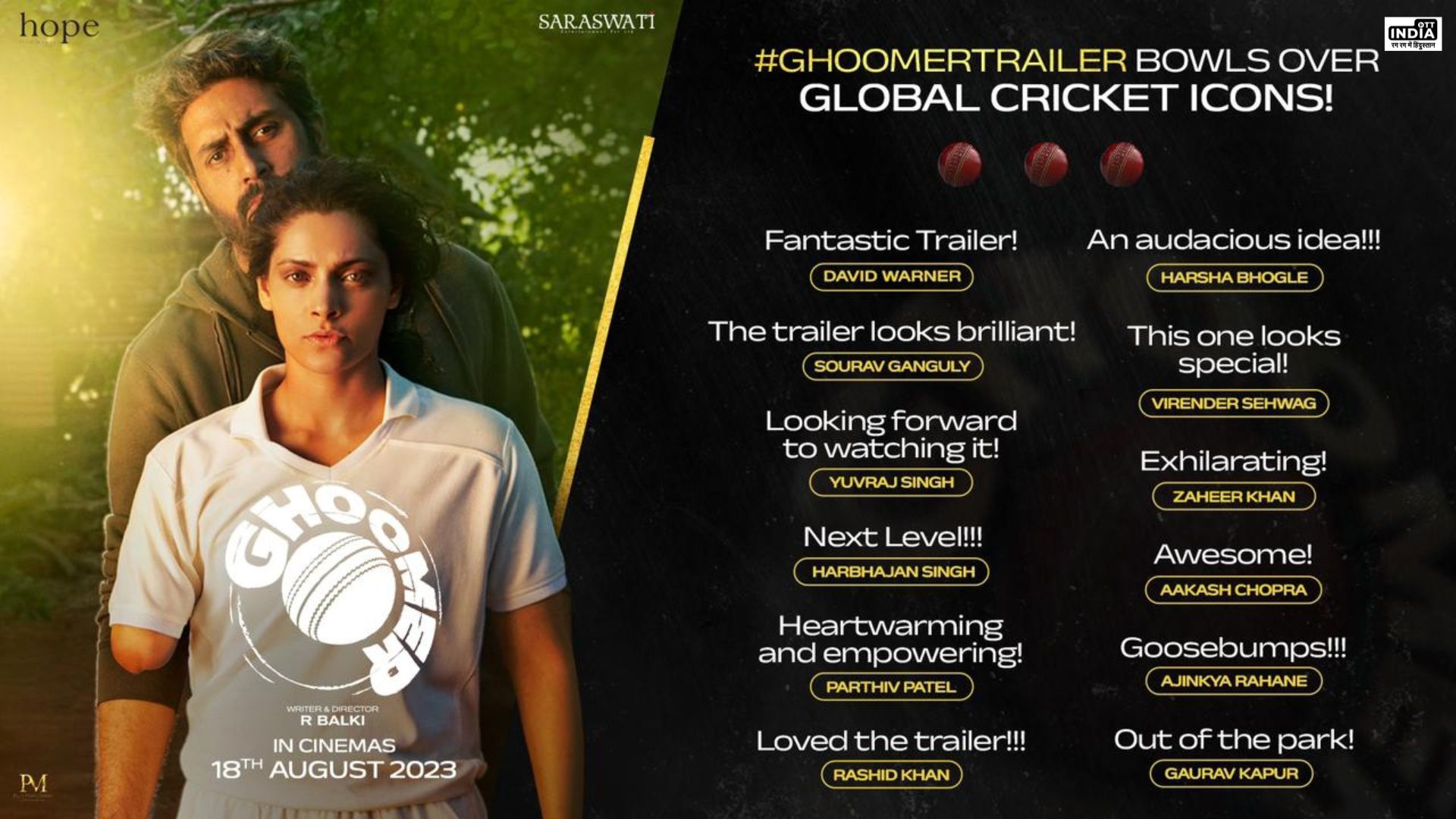 R. Balkis Ghoomers trailer is receiving accolades from the global cricket fraternity