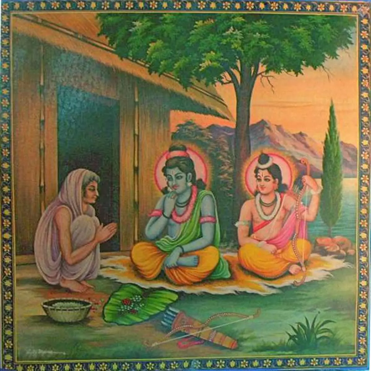 A painting of Lord Ram eating the fruit given by Shabri 